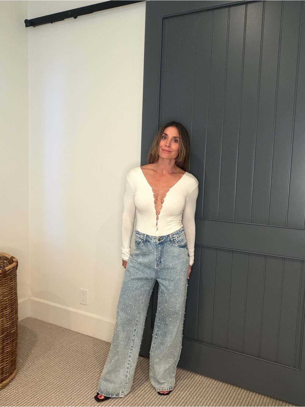 Blank NYC Light Blue Pearl-Embellished Wide Leg Jeans